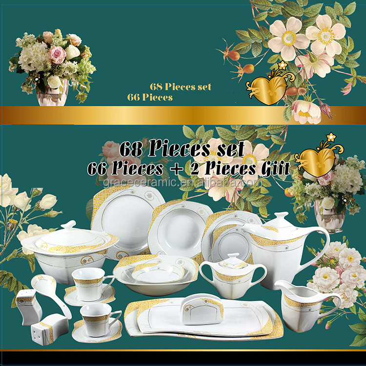 Turkey Pakistan 63pcs New Bone china Dinner Set Royal S Shape Ceramic Fine Porcelain 68 Pieces Dinnerware Set For 6 person