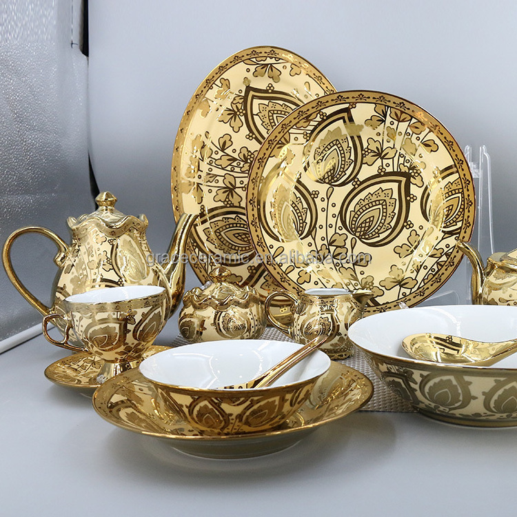 Pakistan Dinner Sets Gold Electroplate Crockery Dinner Set Ceramic 47/48/72/75 pcs Elegant Porcelain Dinnerware Sets