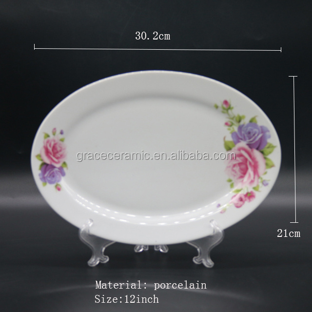 Elegant Flower Decal Restaurant Porcelain Dinner Plate Ceramic Oval Plate