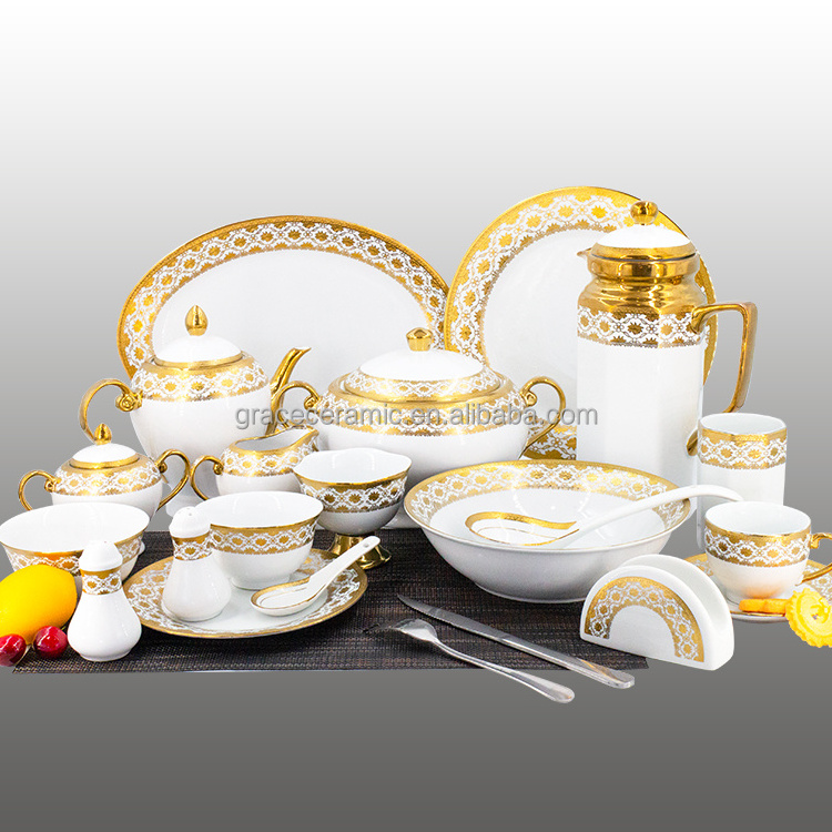 Custom Pakistan 72pcs Dinner Set Ceramic Gold Electroplating 101pcs 102pcs Elegance Fine Porcelain High Quality Dinner Sets