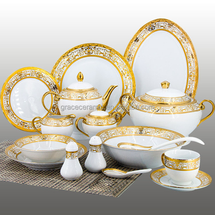 Saudi Arabic Market Dinner Set Luxury Modern Porcelain Ceramic Indian Dinner Sets Gold Electroplating Dinnerware Set