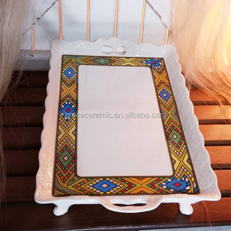 2022 New Customized Design Ethiopian Art Eritrean Tebeb Durable Melamine Fine Porcelain Ceramic Coffee Serving Tray