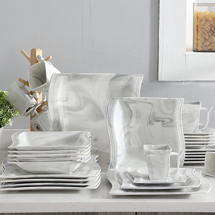 Elegance Wavy-Shaped Design 30 Pieces Marble Dinnerware Set Ceramic Fine Porcelain Square Dinner Set With Dishes Plates