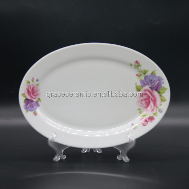 Elegant Flower Decal Restaurant Porcelain Dinner Plate Ceramic Oval Plate