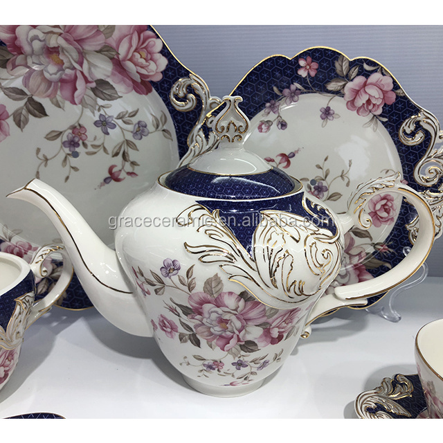 Modern 17pieces Luxury Saudi Arabia Tea Set Fancy Floral Embossed Porcelain Fine china Ceramic Coffee Tea Sets With Tea Pot