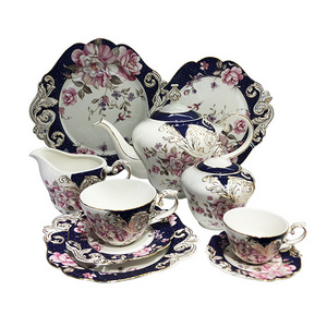 Modern 17pieces Luxury Saudi Arabia Tea Set Fancy Floral Embossed Porcelain Fine china Ceramic Coffee Tea Sets With Tea Pot