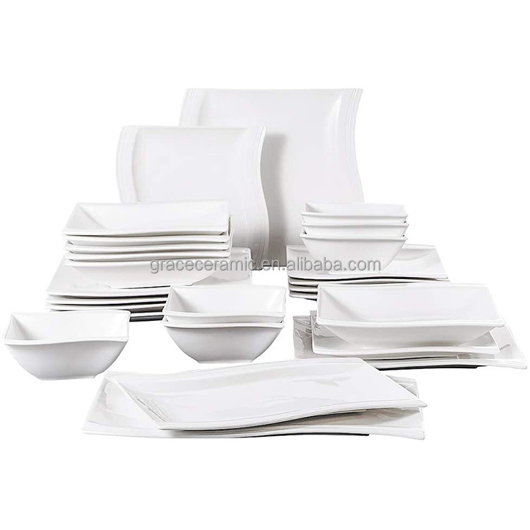 Porcelain Ivory White Western Modern Design Dinnerware Sets Ceramic Fine Bone china Square Plates And Bowls Dinner Set For 6