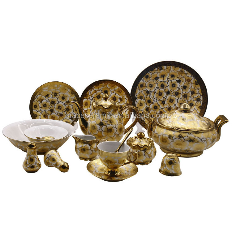 47pcs 72pcs Luxury Gold Plated Saudi Arabia Market Porcleeain Ceramic Fine china Dinner Sets in Pakistan