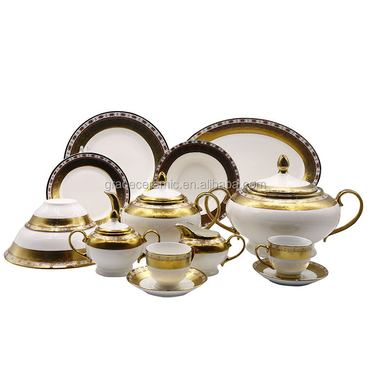 47 pcs 49 pcs 72 pcs Ceramic Bone china Elegance Fine Porcelain Pakistani Dinner Set Gold Plated