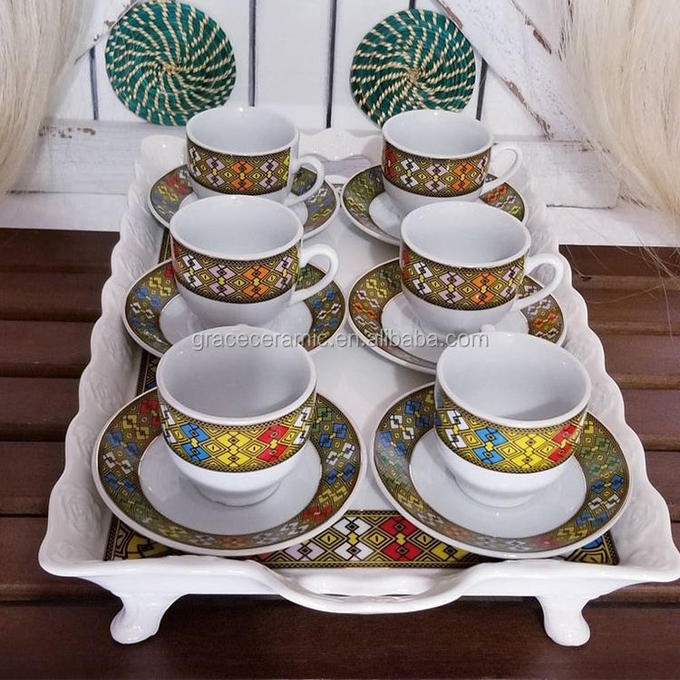 2022 New Customized Design Ethiopian Art Eritrean Tebeb Durable Melamine Fine Porcelain Ceramic Coffee Serving Tray