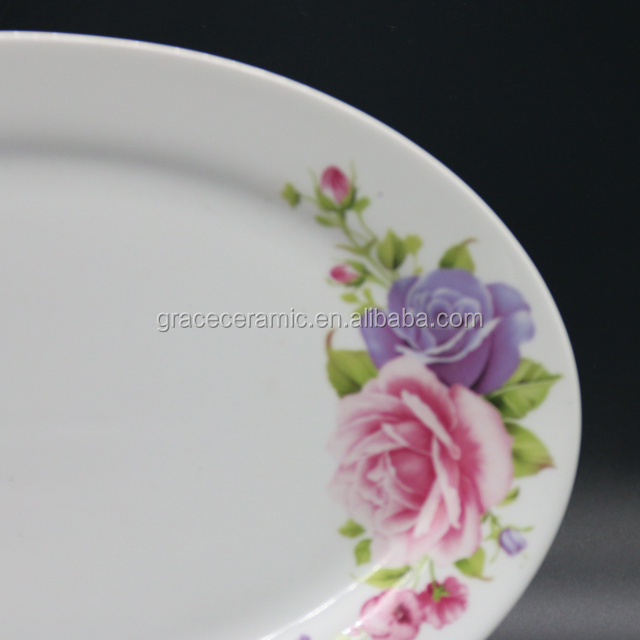 Elegant Flower Decal Restaurant Porcelain Dinner Plate Ceramic Oval Plate