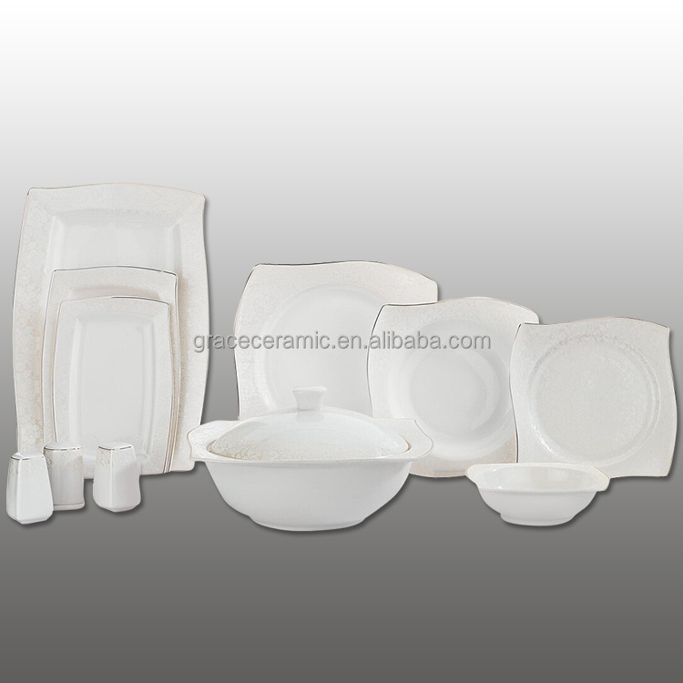 Porcelain Ivory White Western Modern Design Dinnerware Sets Ceramic Fine Bone china Square Plates And Bowls Dinner Set For 6