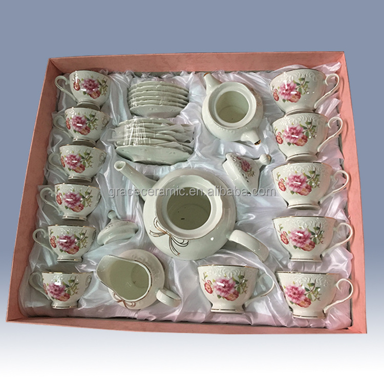 24pcs Modern Tea Cups And Saucer Set Royal Rose Gold Line Embossed Floral china Porcelain Ceramic Tea Cup And Saucer With Teapot