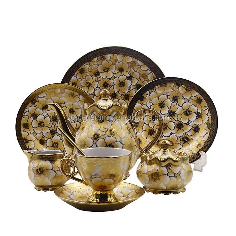 47pcs 72pcs Luxury Gold Plated Saudi Arabia Market Porcleeain Ceramic Fine china Dinner Sets in Pakistan