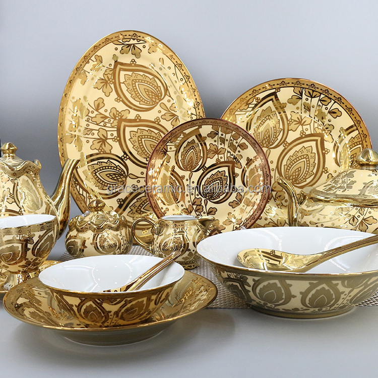 Pakistan Dinner Sets Gold Electroplate Crockery Dinner Set Ceramic 47/48/72/75 pcs Elegant Porcelain Dinnerware Sets