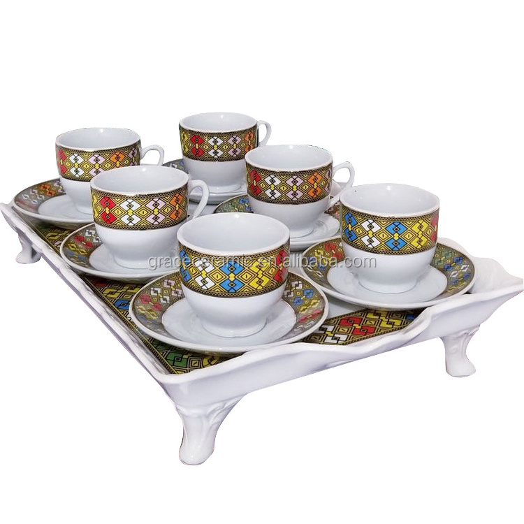 2022 New Customized Design Ethiopian Art Eritrean Tebeb Durable Melamine Fine Porcelain Ceramic Coffee Serving Tray