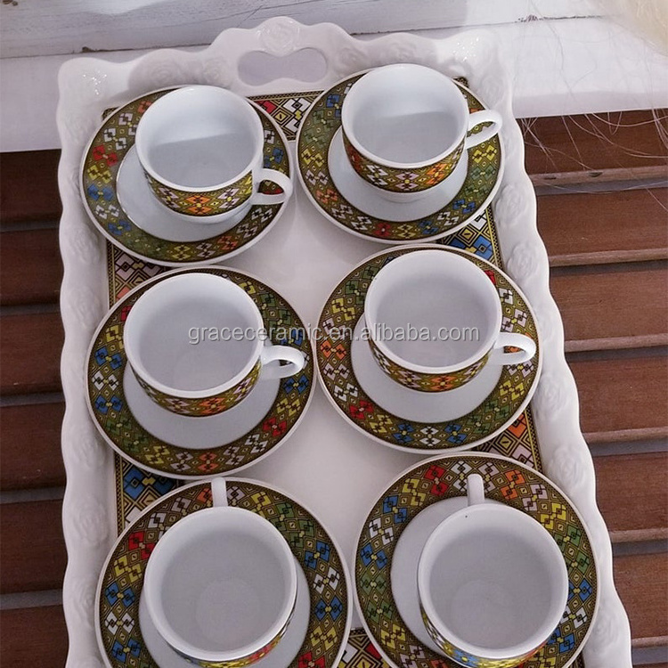 2022 New Customized Design Ethiopian Art Eritrean Tebeb Durable Melamine Fine Porcelain Ceramic Coffee Serving Tray