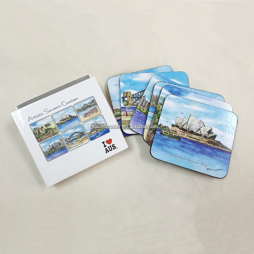 customized personalized gift box packed coaster landscape cork coaster with gift box packing