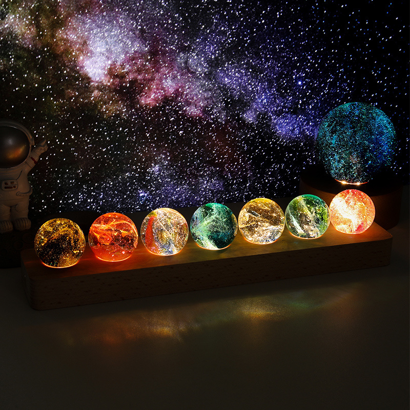 Crystal Ball with Solid Wood Bottom Colorful Glass Beads Luminous Starry Night Light Artistic Holiday Gift for Girls Women