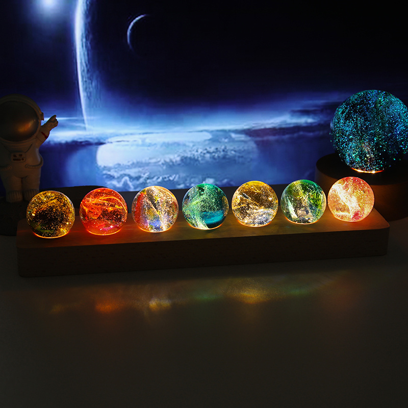 Crystal Ball with Solid Wood Bottom Colorful Glass Beads Luminous Starry Night Light Artistic Holiday Gift for Girls Women