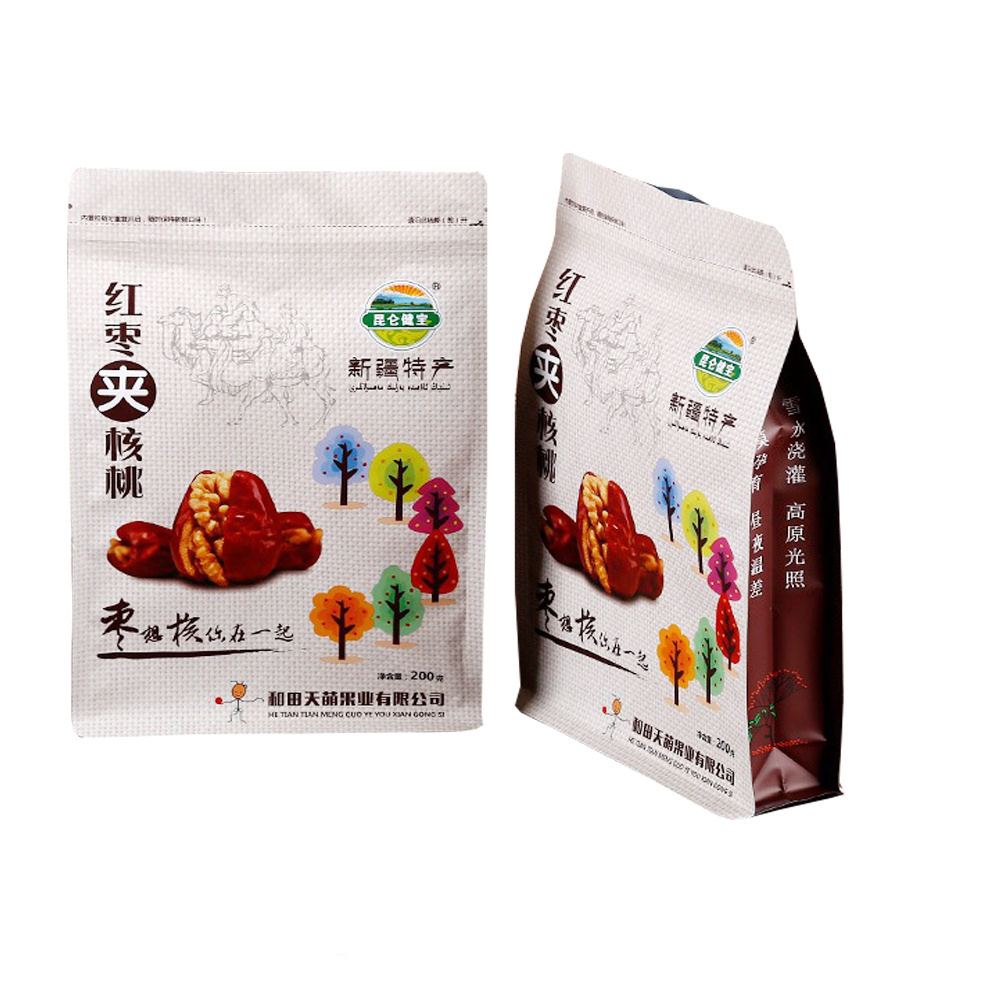 Food Safe Recyclable Standup Custom Almond Walnuts Packing Bag With Air Tight Ziplock Flat Bottom Food Pouch 250g 500g 1kg