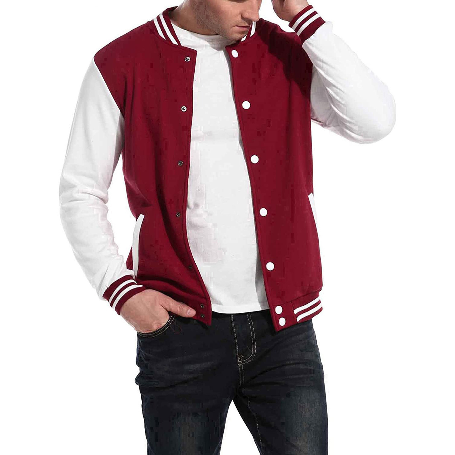 Plain varsity Jackets Men OEM Custom Embroidery Logo Print Unisex Winter varsity Jackets Men red dyed custom white sleeves