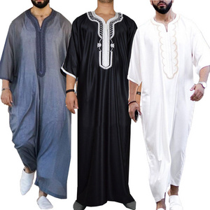 Moroccan Simple Style Muslim Men Clothing  thobe Cotton Long Sleeve Men Jubah Daffah thobe Arabian Clothes embroidered Thobe