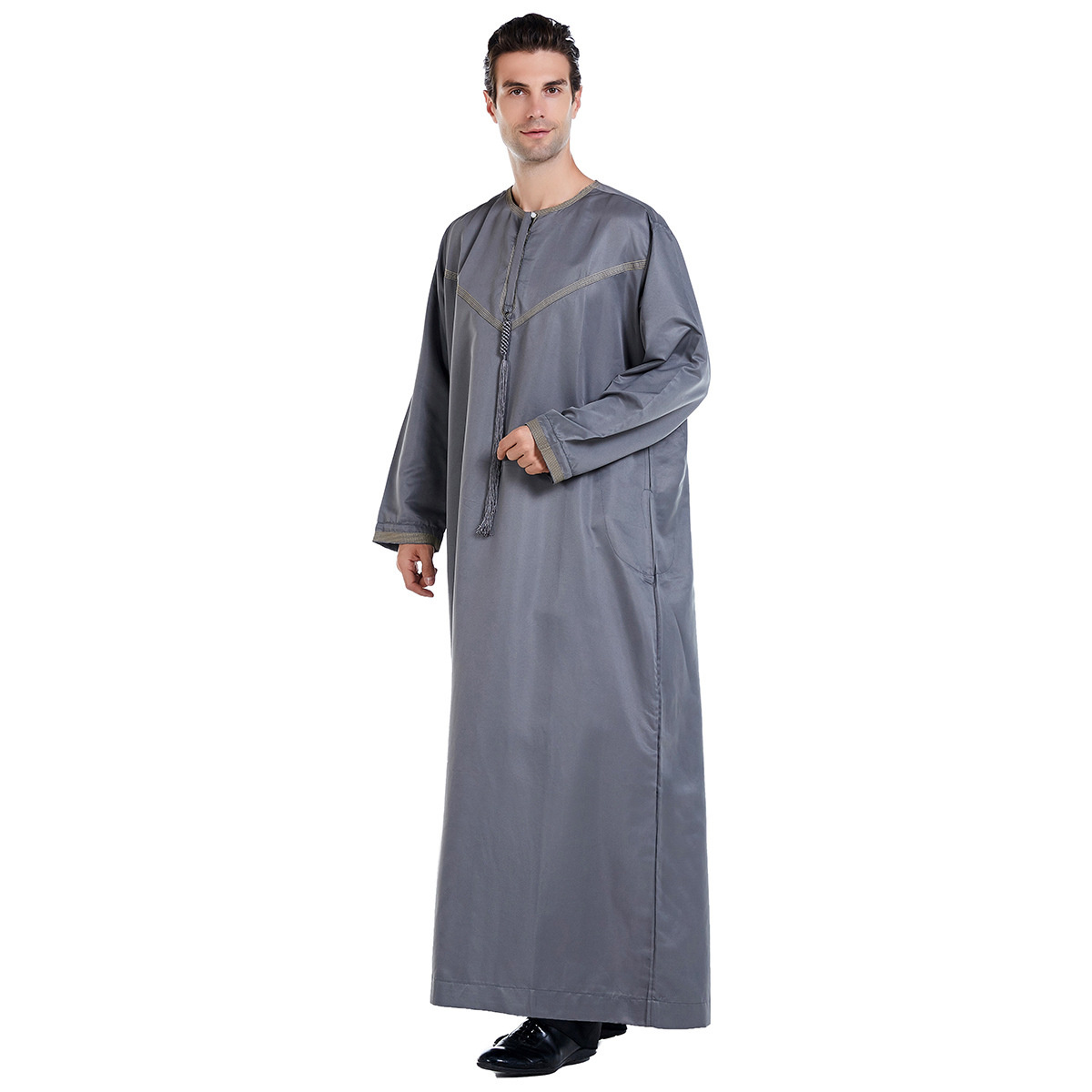 New high quality men's bulk v neck thobe premium clothes men robes cheap prices brown dyed v neck thobe Wholesale Islamic  thobe