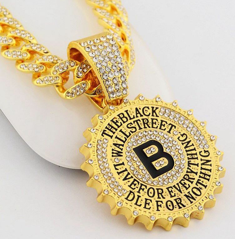 Hip hop full diamond letter B round brand pendant personality necklace Cuban chain