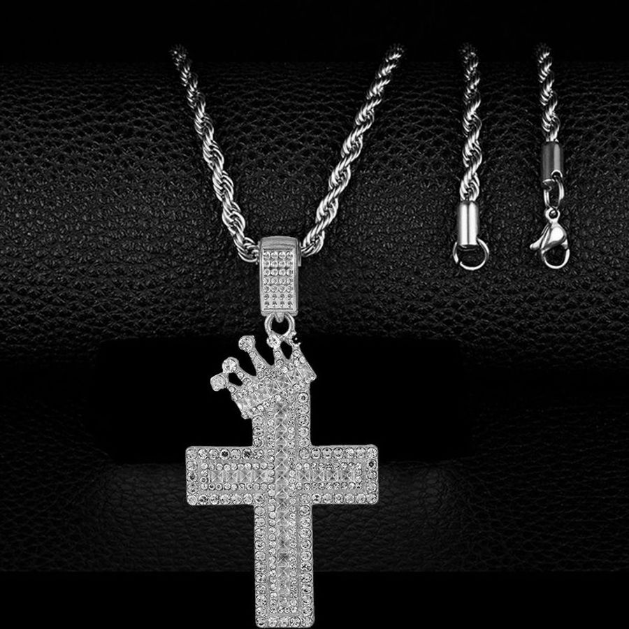 New Crown Cross Pendant Square And Round Zircon Necklace Vintage Personalized Men's And Women's Hip Hop Jewelry