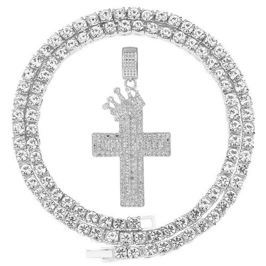 New Crown Cross Pendant Square And Round Zircon Necklace Vintage Personalized Men's And Women's Hip Hop Jewelry