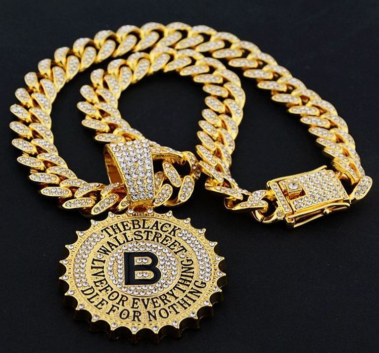 Hip hop full diamond letter B round brand pendant personality necklace Cuban chain