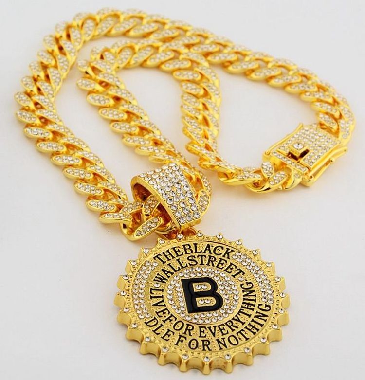 Hip hop full diamond letter B round brand pendant personality necklace Cuban chain