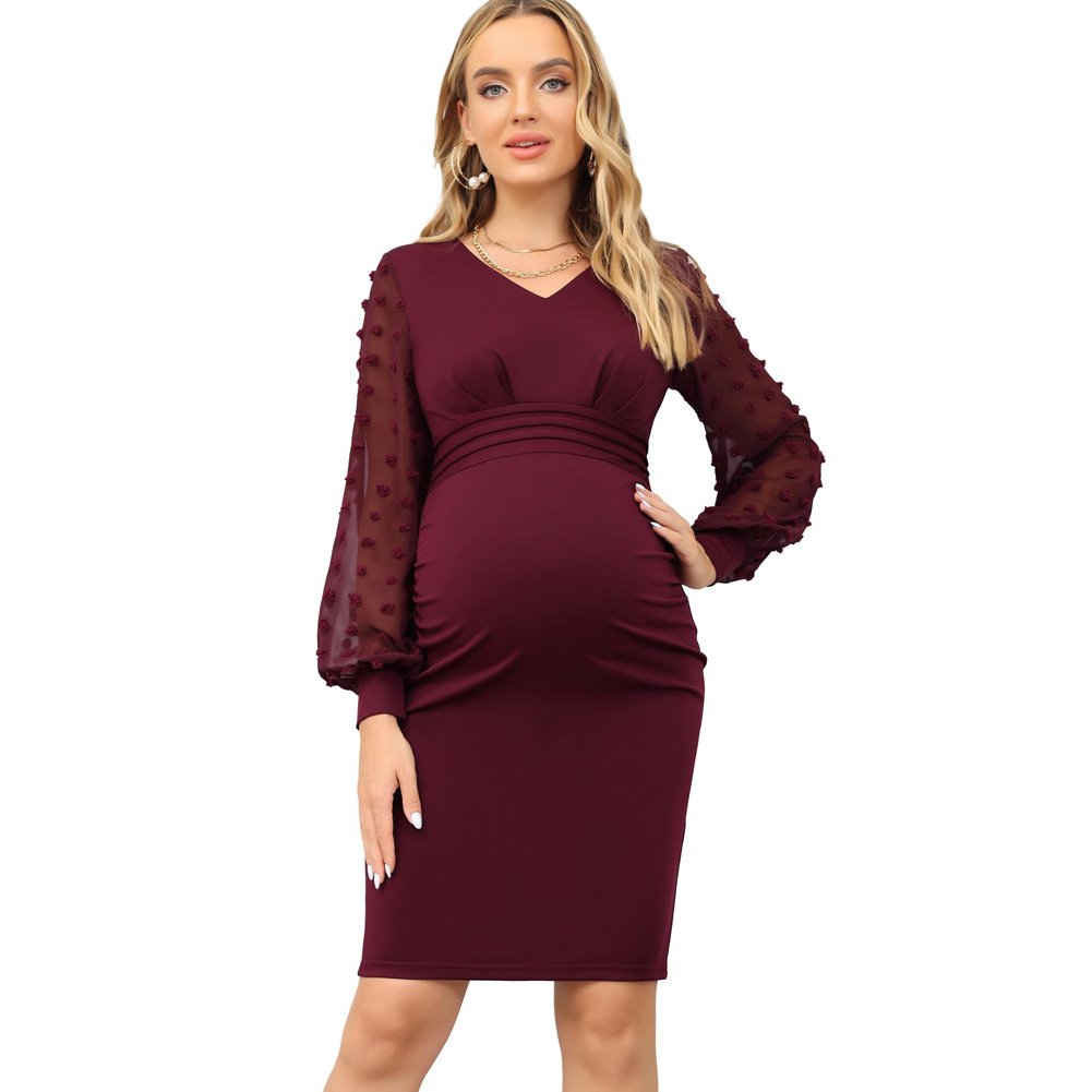 Wholesale Women Maternity Contrast Fabric Dress Long Sleeve Maternity V-Neck Bodycon Dresses For Office Pregnant Women