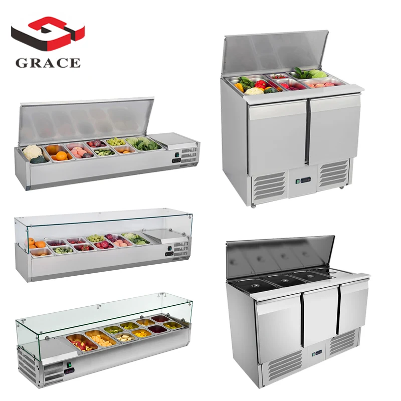 High-Quality Commercial Refrigerated Salad Bar Counter with Stainless Steel Display & Saladette Top