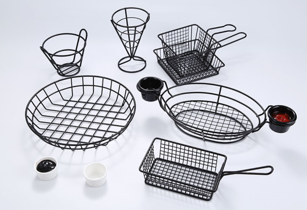 Metal Wire Mini Fry Serving Basket for Deep Fat Fryer French Fries Holder With Condiment Stand Oil Filter