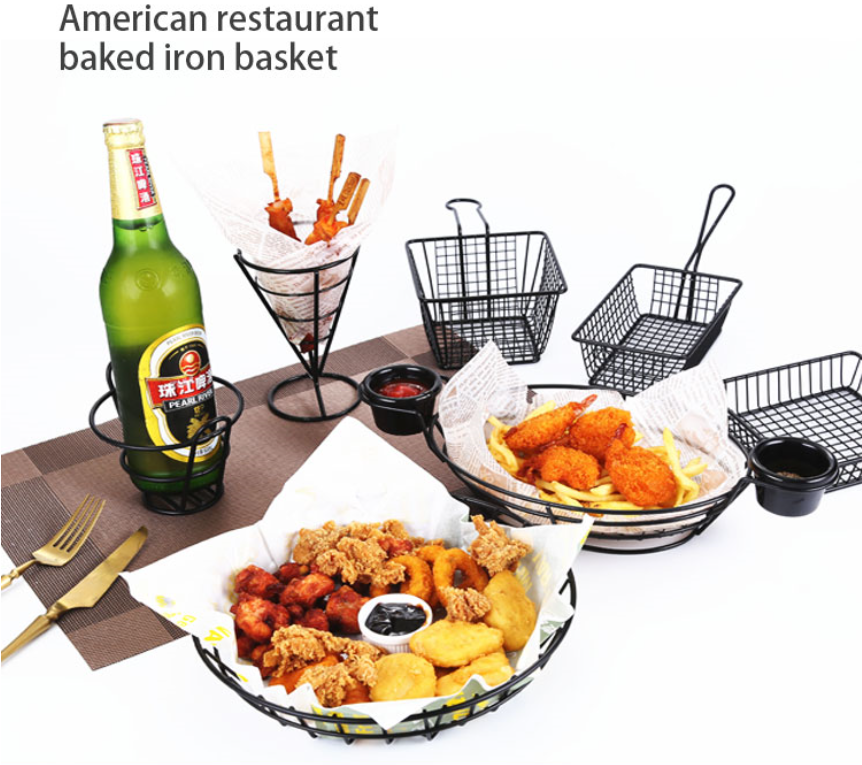 Metal Wire Mini Fry Serving Basket for Deep Fat Fryer French Fries Holder With Condiment Stand Oil Filter