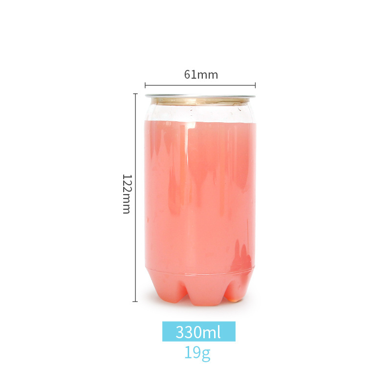 PCR RPET clear transparent 330ml 350ml soda plastic juice milk can jar bottle with easy open ends candy can