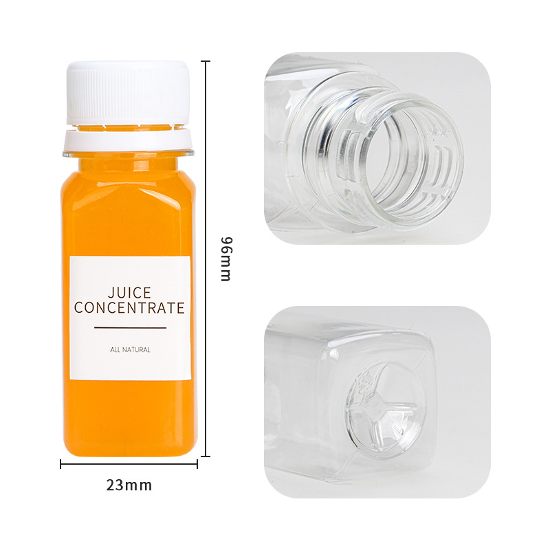 Hot selling 2oz 60ml Clear Slastic Shots Square French Mini Bottle with Plastic Screw Cap for Juice Beverage refillable bottles