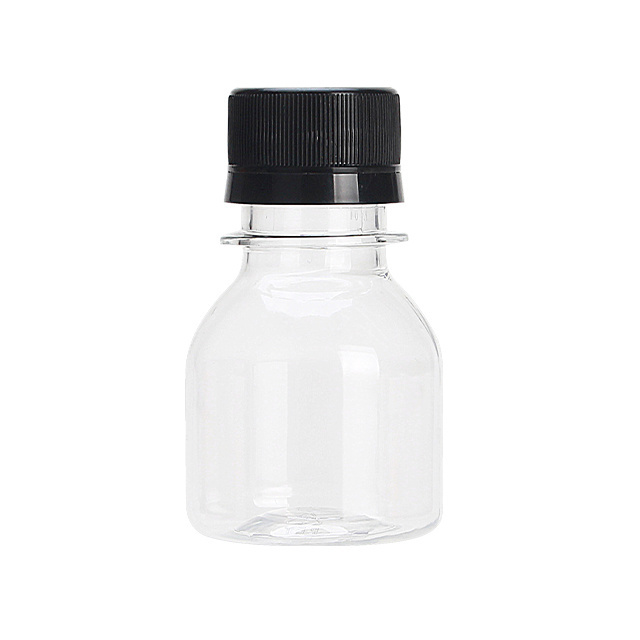 Hot selling 2oz 60ml Clear Slastic Shots Square French Mini Bottle with Plastic Screw Cap for Juice Beverage refillable bottles