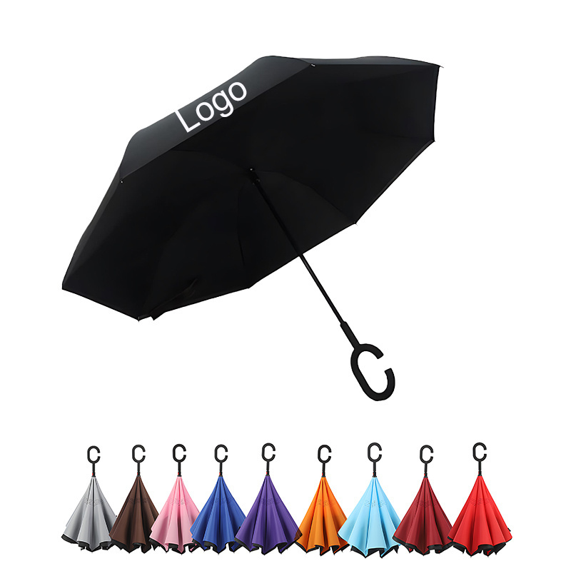 Custom Your Brand Wind Resistant Hands Free Windproof Inverse Umbrella Inside Out C Handle Smart Upside-down Inverted Reverse Um