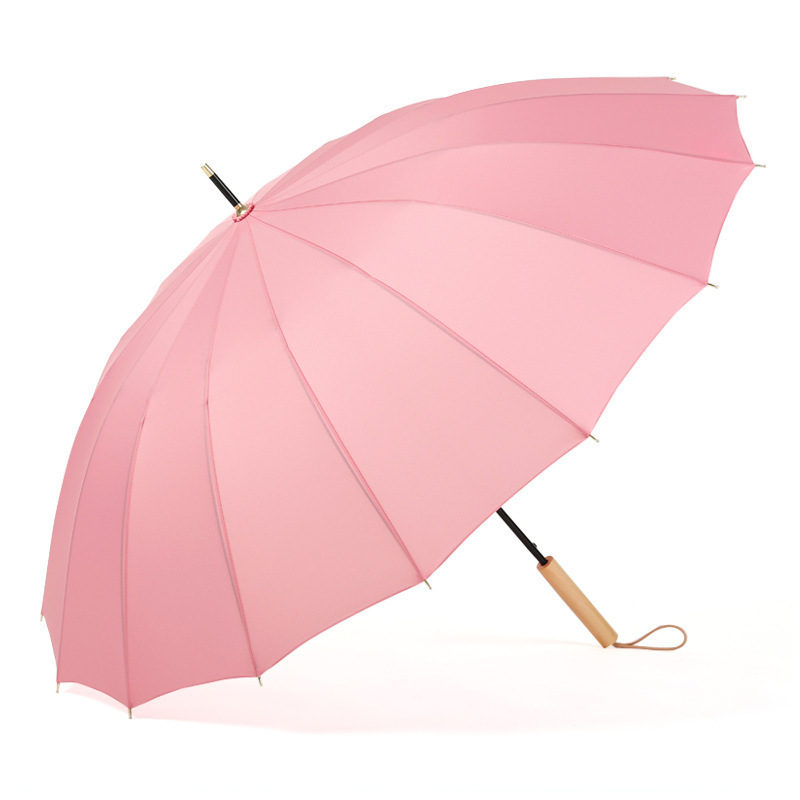 New Style Candy Color 16 Bone Wooden Handle Large Size Straight Pole Umbrella Fashion Long Handle Umbrella