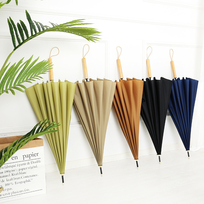 New Style Candy Color 16 Bone Wooden Handle Large Size Straight Pole Umbrella Fashion Long Handle Umbrella