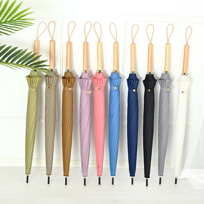 New Style Candy Color 16 Bone Wooden Handle Large Size Straight Pole Umbrella Fashion Long Handle Umbrella