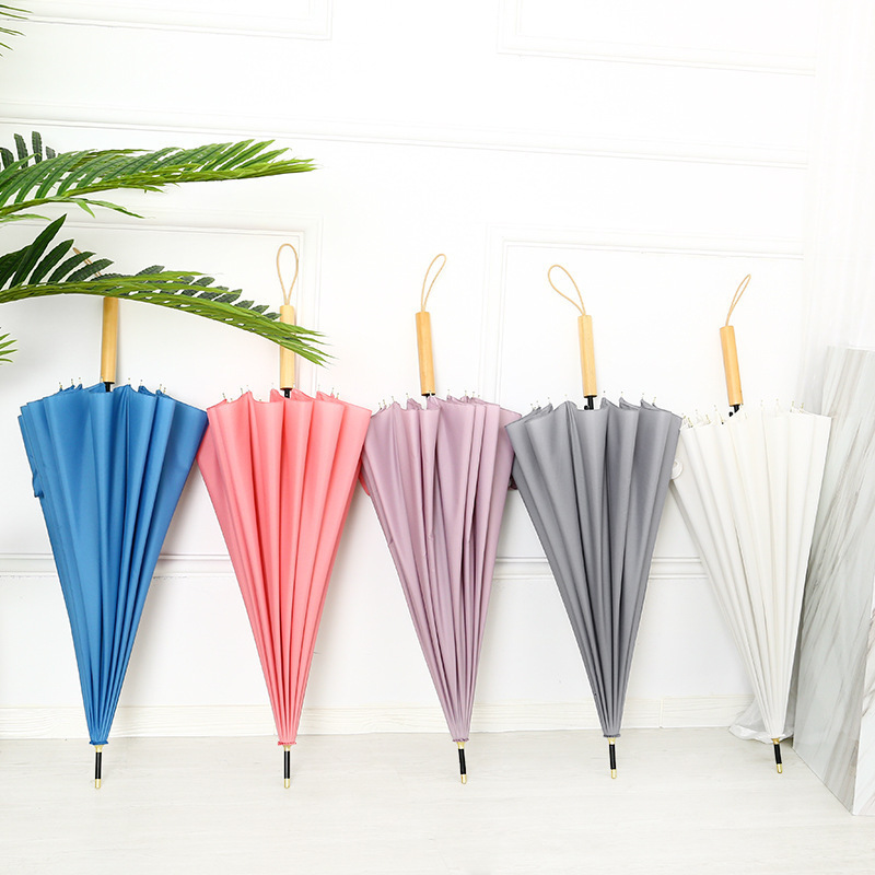 New Style Candy Color 16 Bone Wooden Handle Large Size Straight Pole Umbrella Fashion Long Handle Umbrella