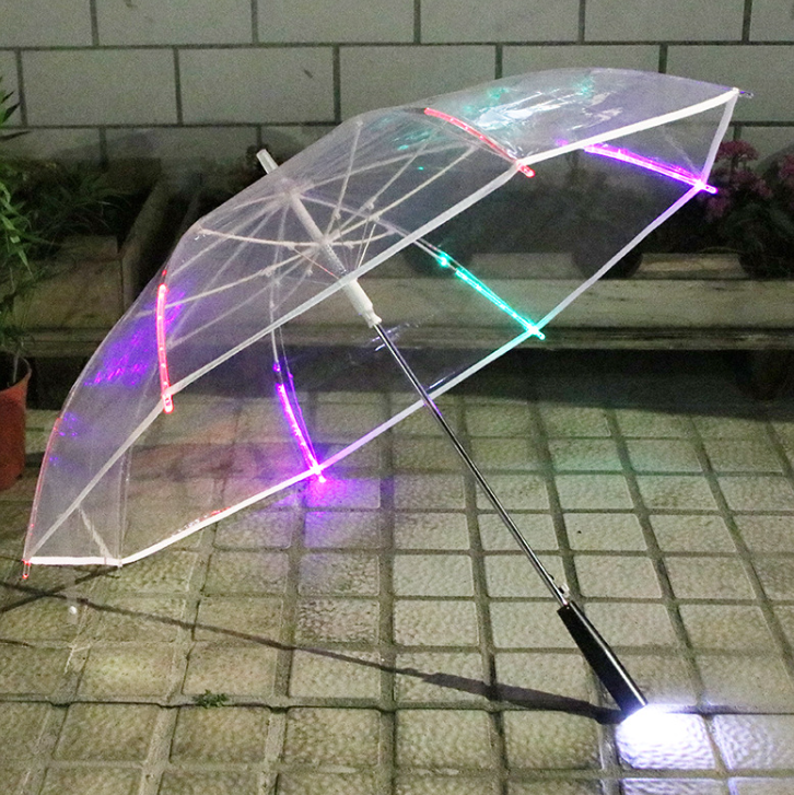 New Design POE Clear Translucent Rain Led Handle Flashing Colorful Luminous Umbrella