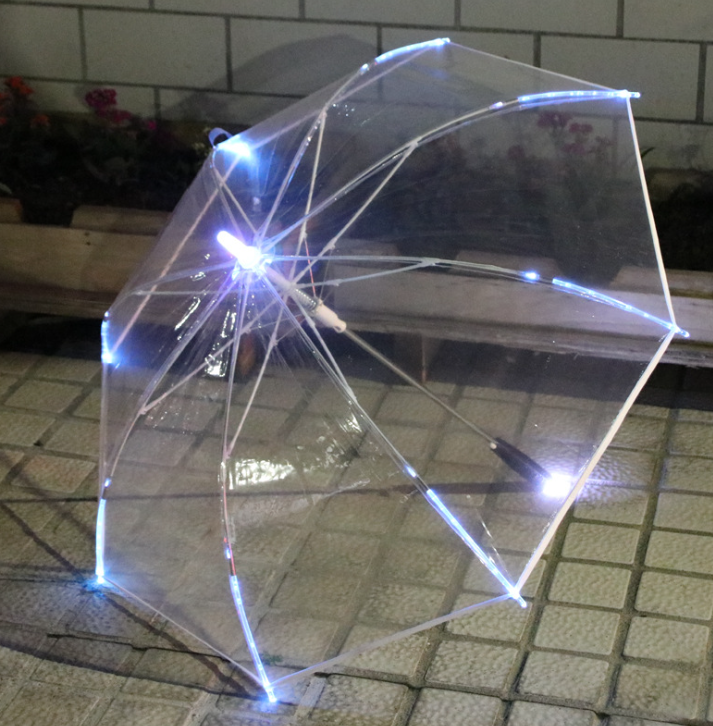 New Design POE Clear Translucent Rain Led Handle Flashing Colorful Luminous Umbrella