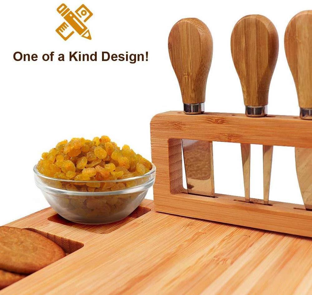 Bamboo Cheese Board Set, Cheese Tray, Charcuterie Board and Serving Meat Platter with 4 Stainless Steel Cheese Knives,