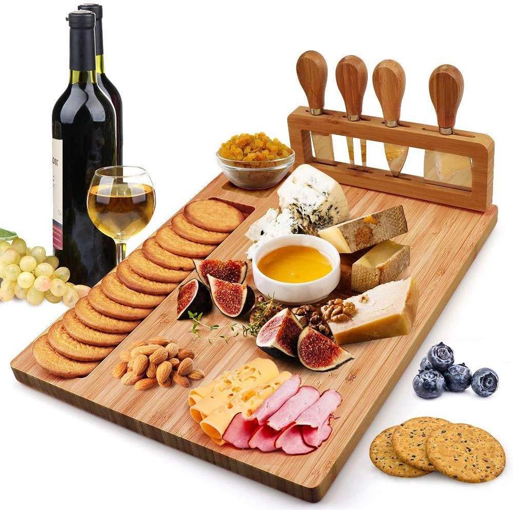 Bamboo Cheese Board Set, Cheese Tray, Charcuterie Board and Serving Meat Platter with 4 Stainless Steel Cheese Knives,