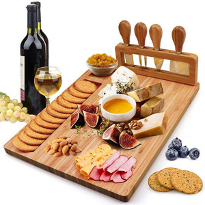 Bamboo Cheese Board Set, Cheese Tray, Charcuterie Board and Serving Meat Platter with 4 Stainless Steel Cheese Knives,